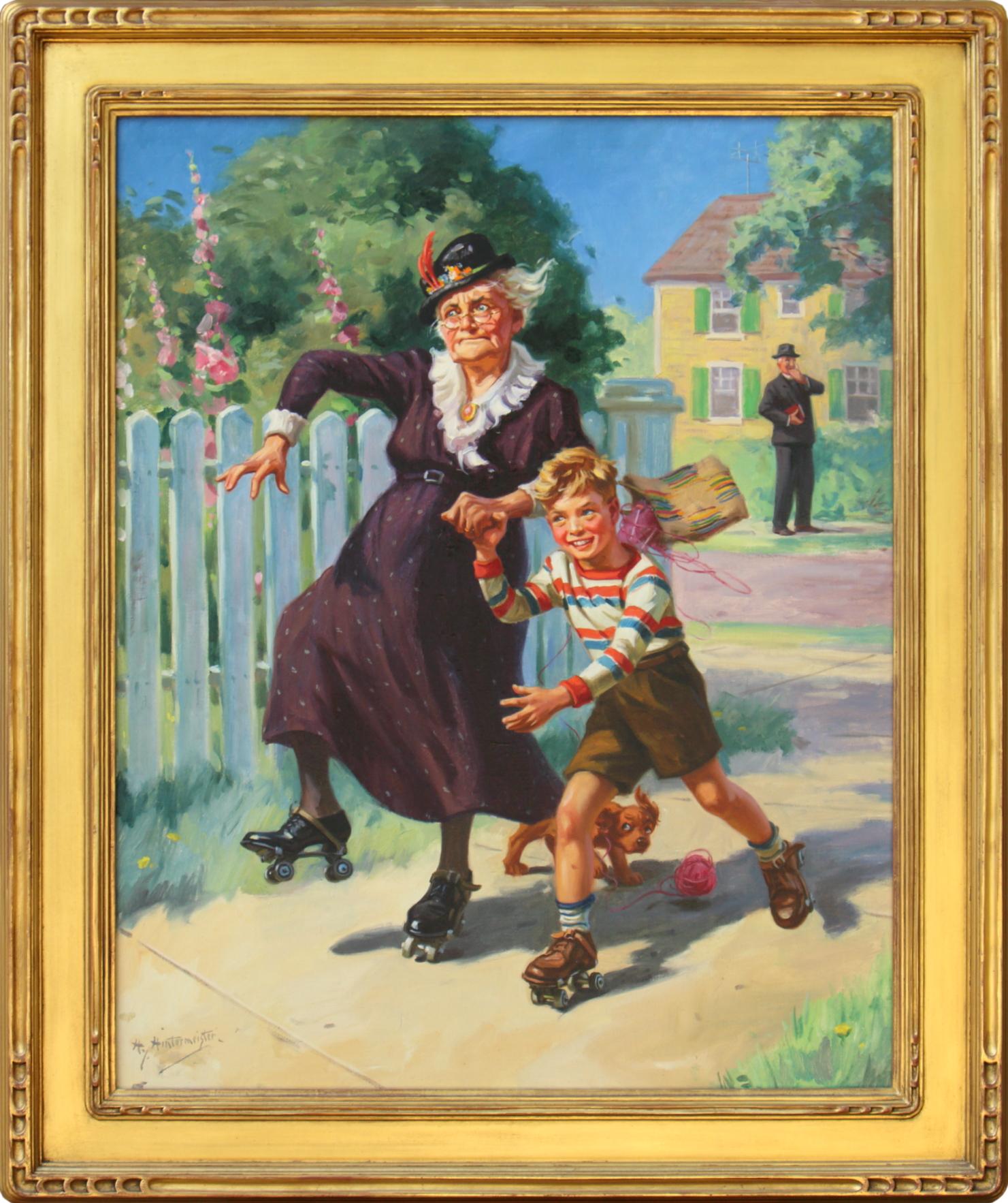 Skating with Granny - Painting by Henry Hintermeister