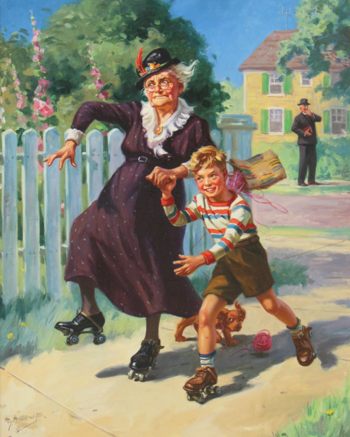 Figurative Painting di Henry Hintermeister - Pattinare con la nonna