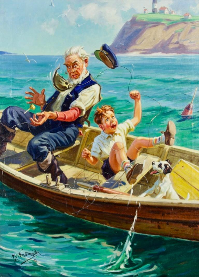 Animal Painting Henry Hintermeister - « Regardez-le Gramps ! » Fishing - Illustration originale du calendrier Louis Dow