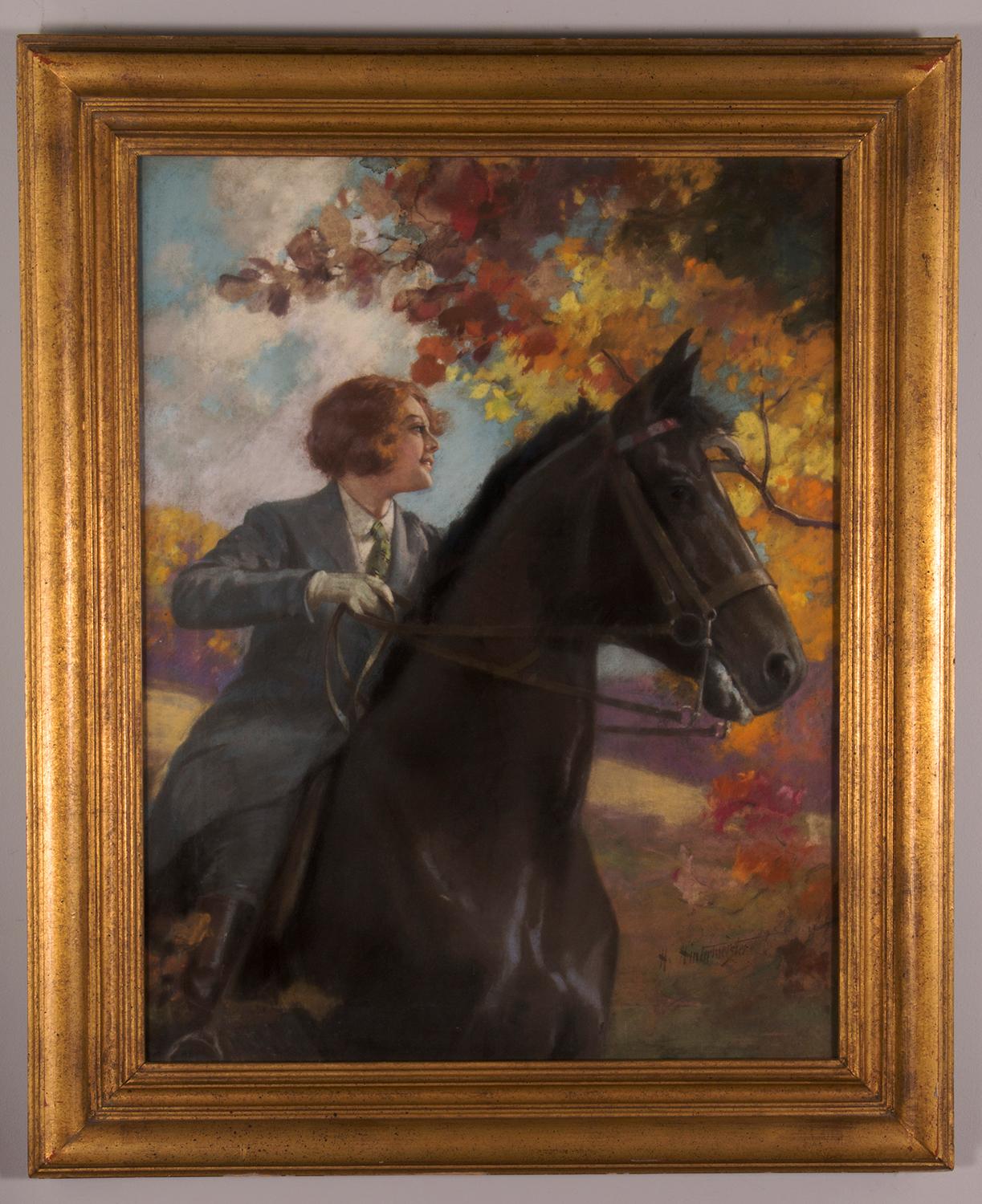 Woman on Horseback in Autumn - Painting by Henry Hintermeister