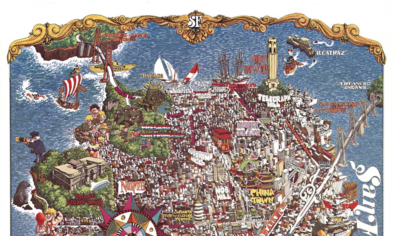 Original San Francisco, California fun map vintage poster  1970.   Archival linen backed in very fine condition, ready to frame.
-Artist:  Henry Hinton

I don’t know how much more you could include in this detailed fun map of San Francisco.   Boxed