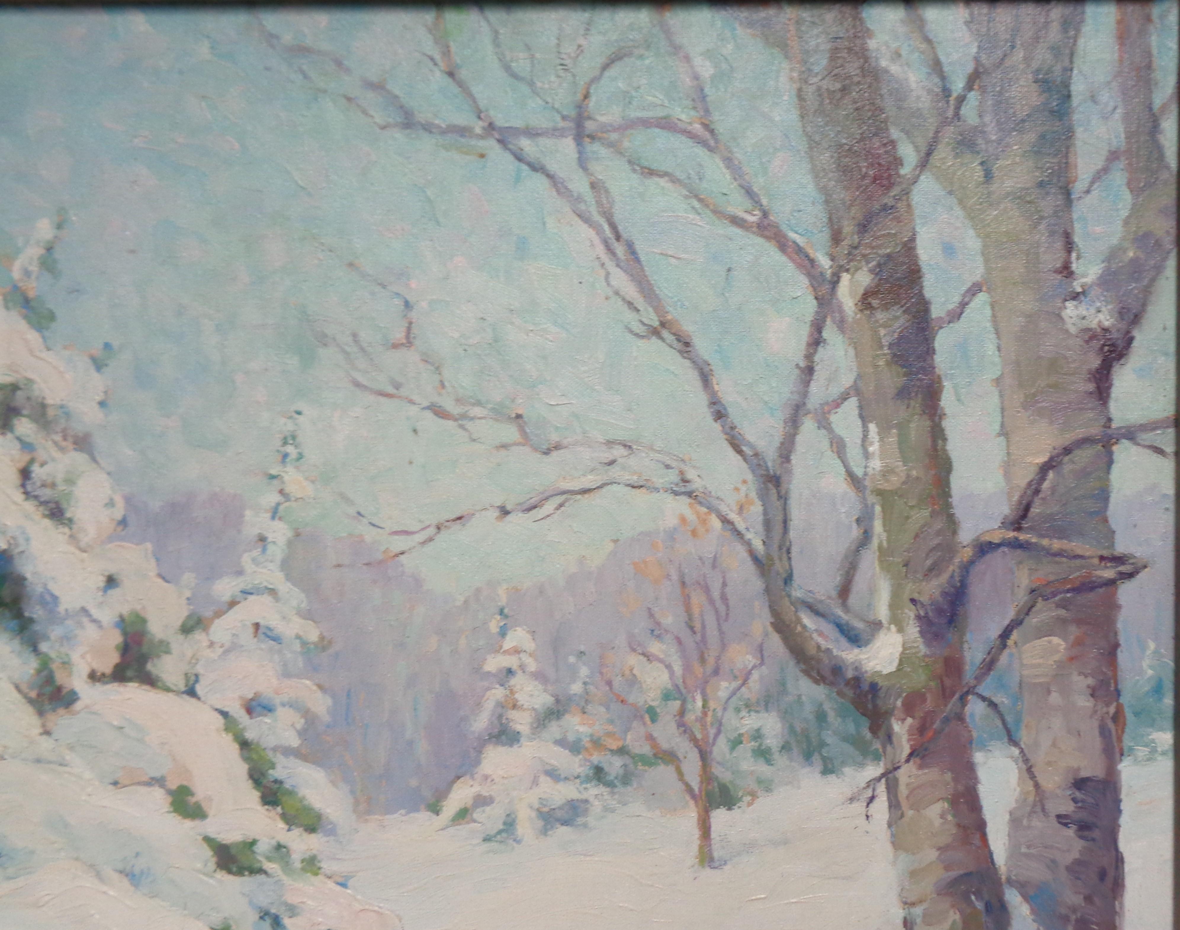 Impressionista americano Hobart Nichols Scena di neve Pittura ad olio Salmagundi Club - Landscape Painting Grigio di Henry Hobart Nichols Jr.