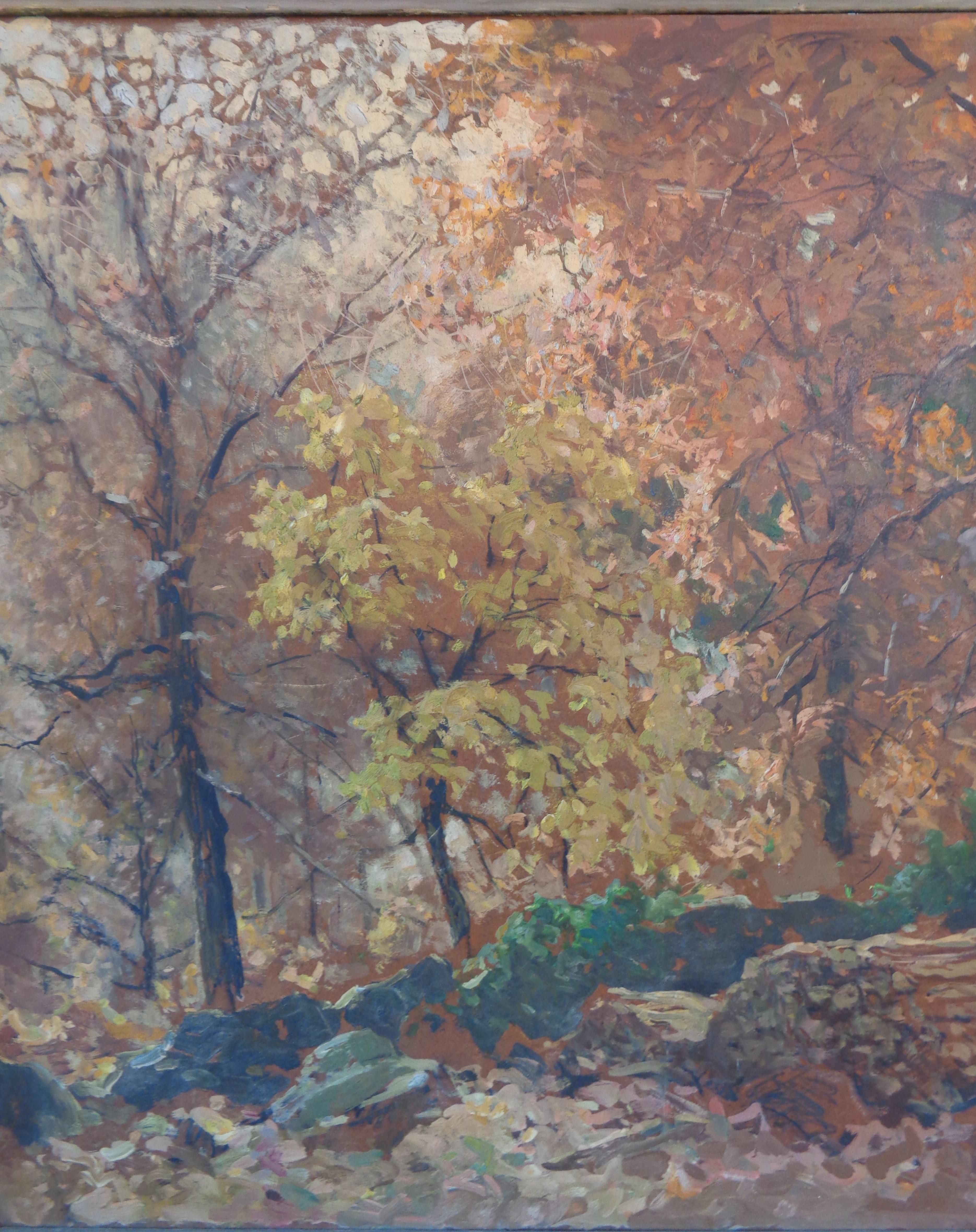 Here is a unique painting on masonite by Hobart Nichols signed lower right. The painting has a label from Grand Central Art Galleries and is titled Autumn Scene and dated 44. The painting is in good condition and the frame needs to be replaced as