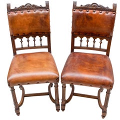 Henry II Walnut Leather Chairs, a Set of Two