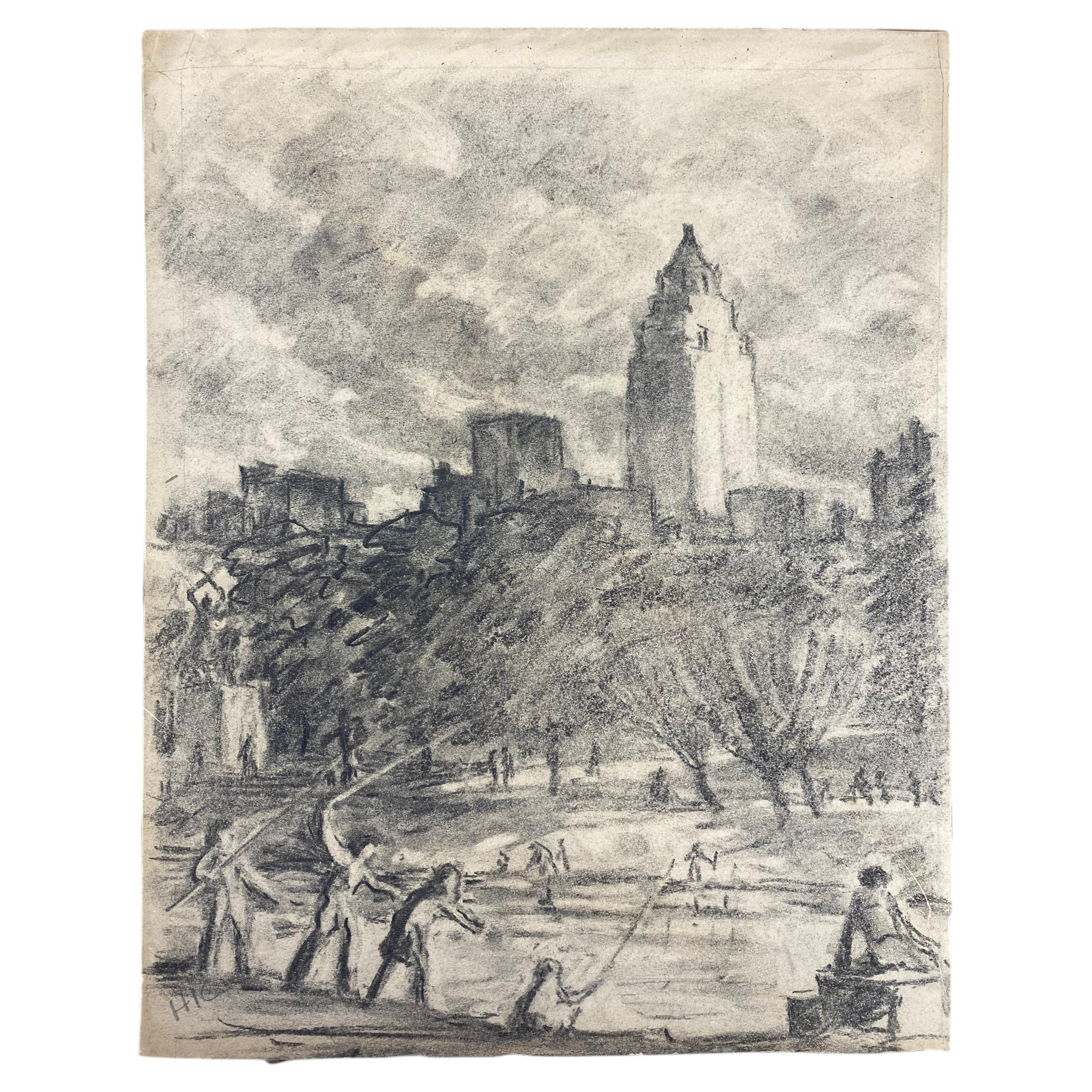 Henry Ives Cobb Jr. (1883-1974) Charcoal Drawing of Central Park, 1930 For Sale