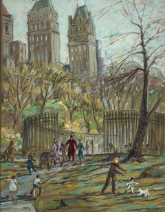 Central Park, Cityscape with Figures by American Impressionist Painter