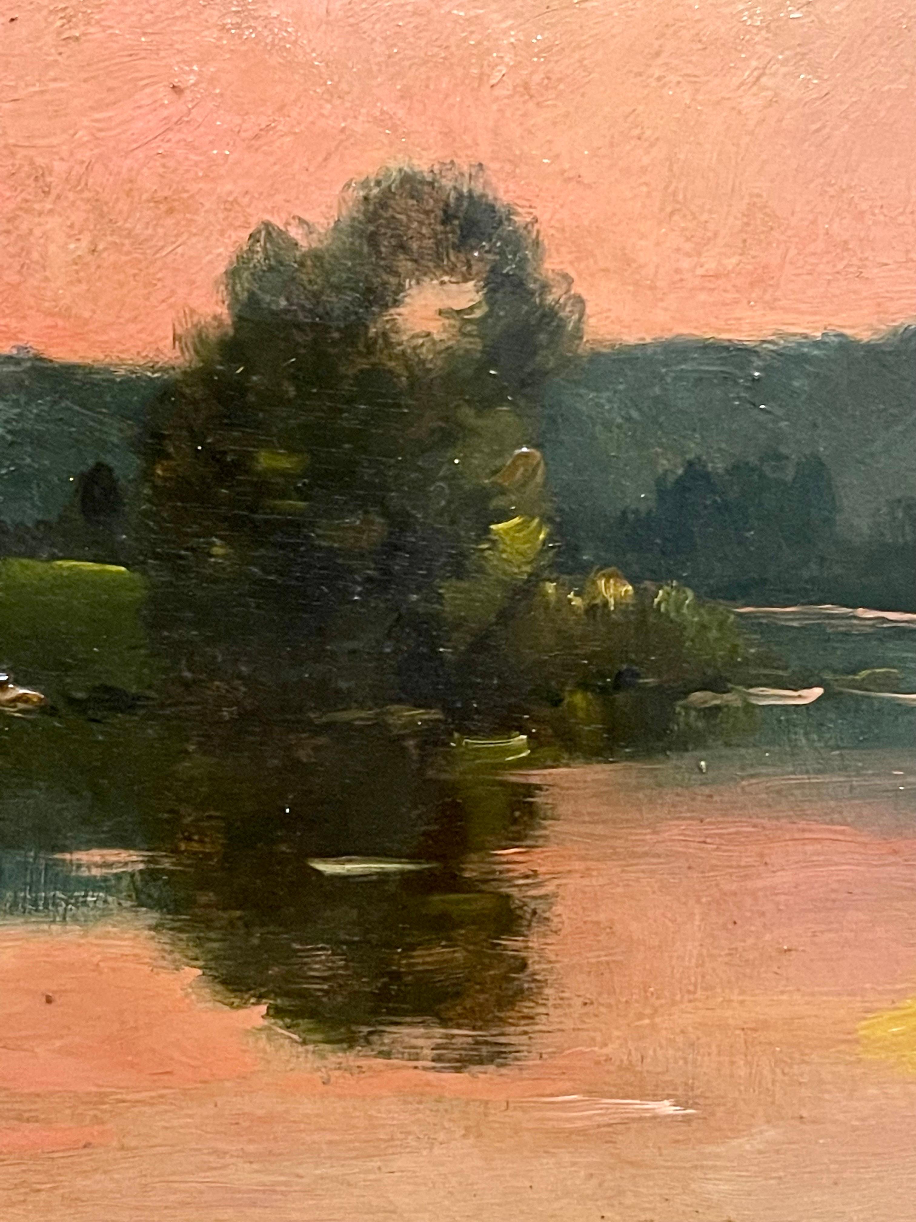 French Barbizon School oil painting River landscape by sunset impressionist 1910 1