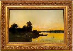 Peinture à l'huile française de l'école de Barbizon représentant un paysage fluvial par coucher de soleil, 1910