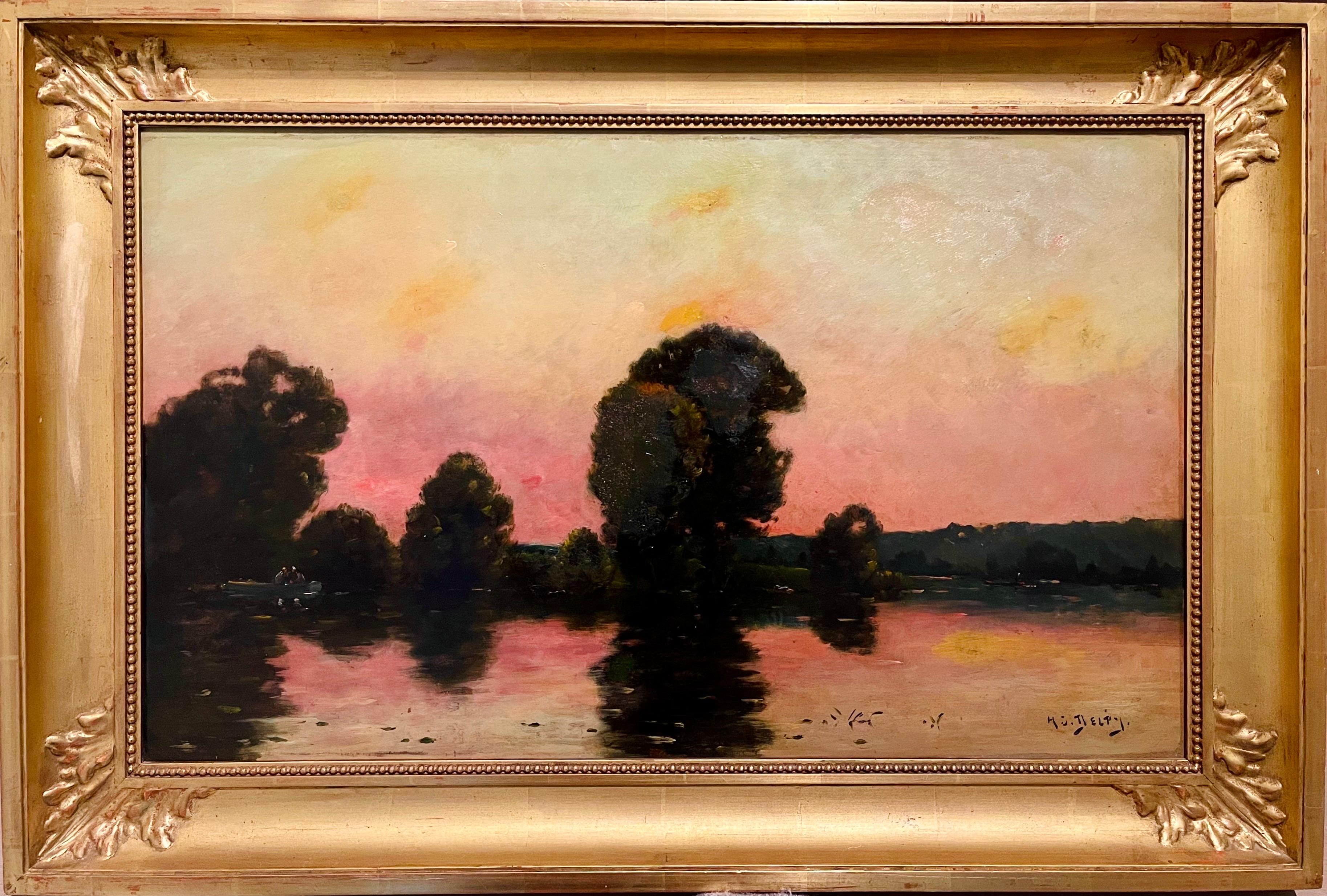 Henry Jacques Delpy Figurative Painting - French Barbizon School oil painting River landscape by sunset impressionist 1910
