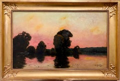 Peinture à l'huile française de l'école de Barbizon représentant un paysage fluvial par coucher de soleil, 1910