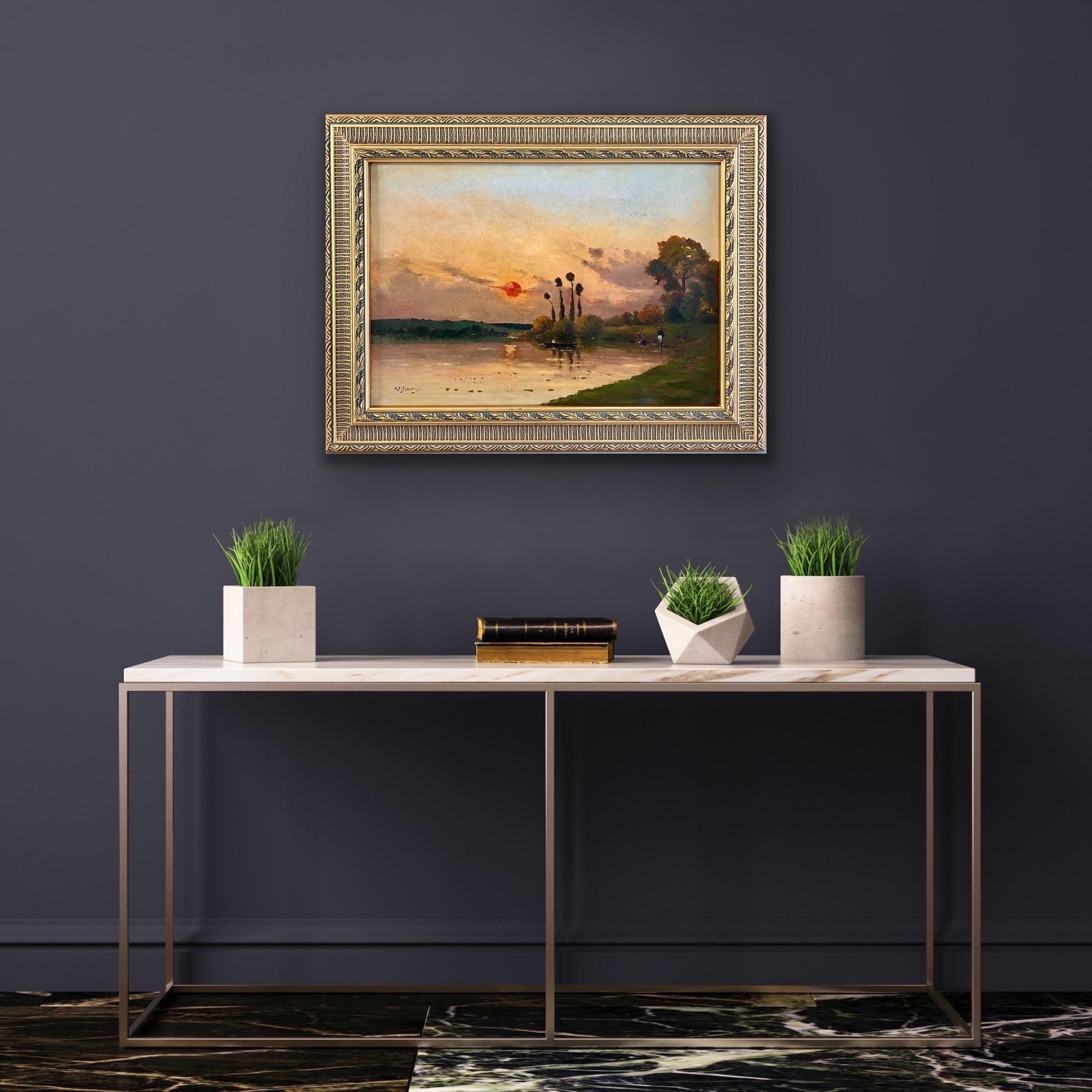 Peinture à l'huile de l'école de Barbizon, Coucher de soleil sur une rivière paysage impressionniste - Painting de Henry Jacques Delpy
