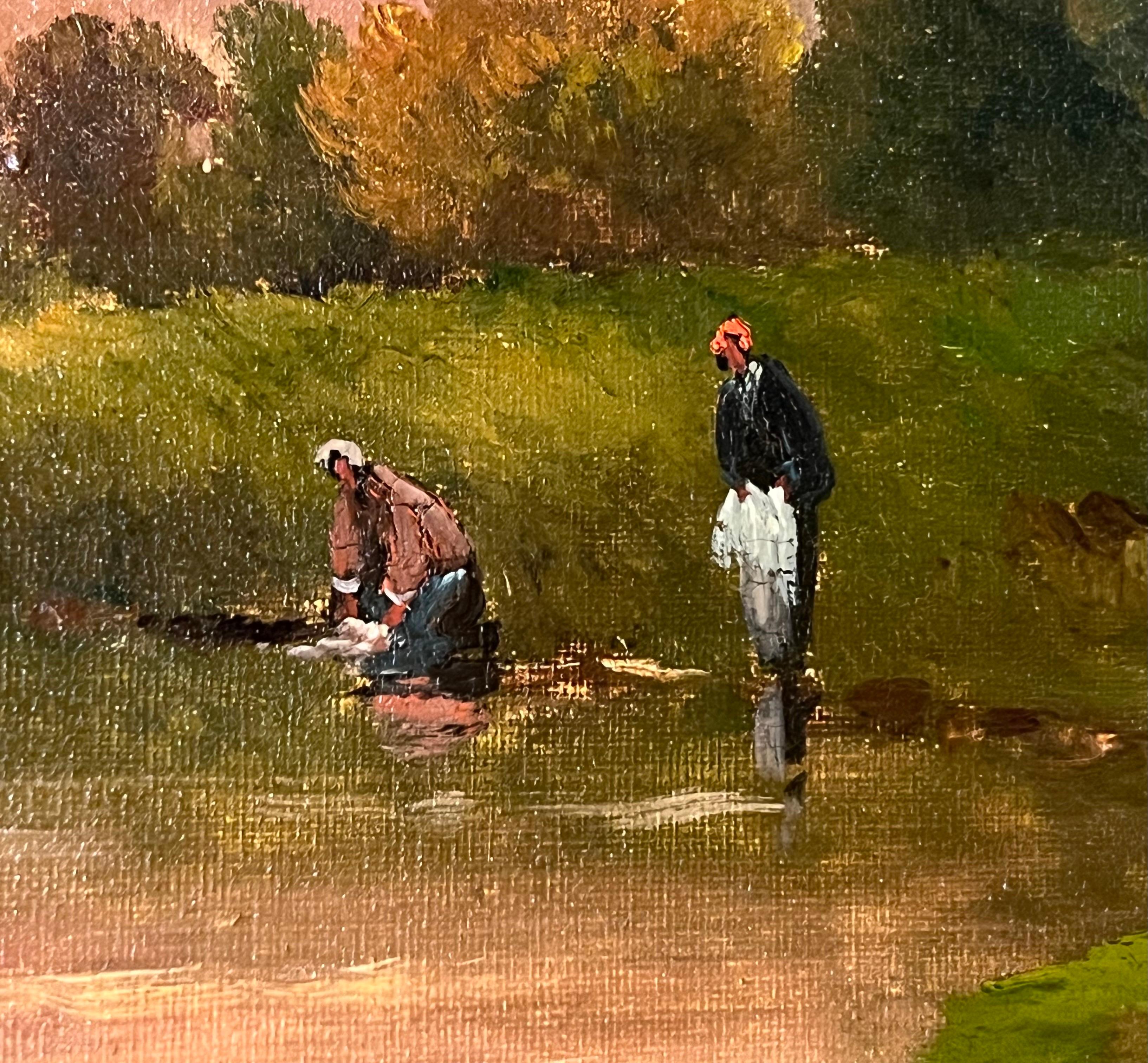 Peinture à l'huile de l'école de Barbizon, Coucher de soleil sur une rivière paysage impressionniste - École de Barbizon Painting par Henry Jacques Delpy