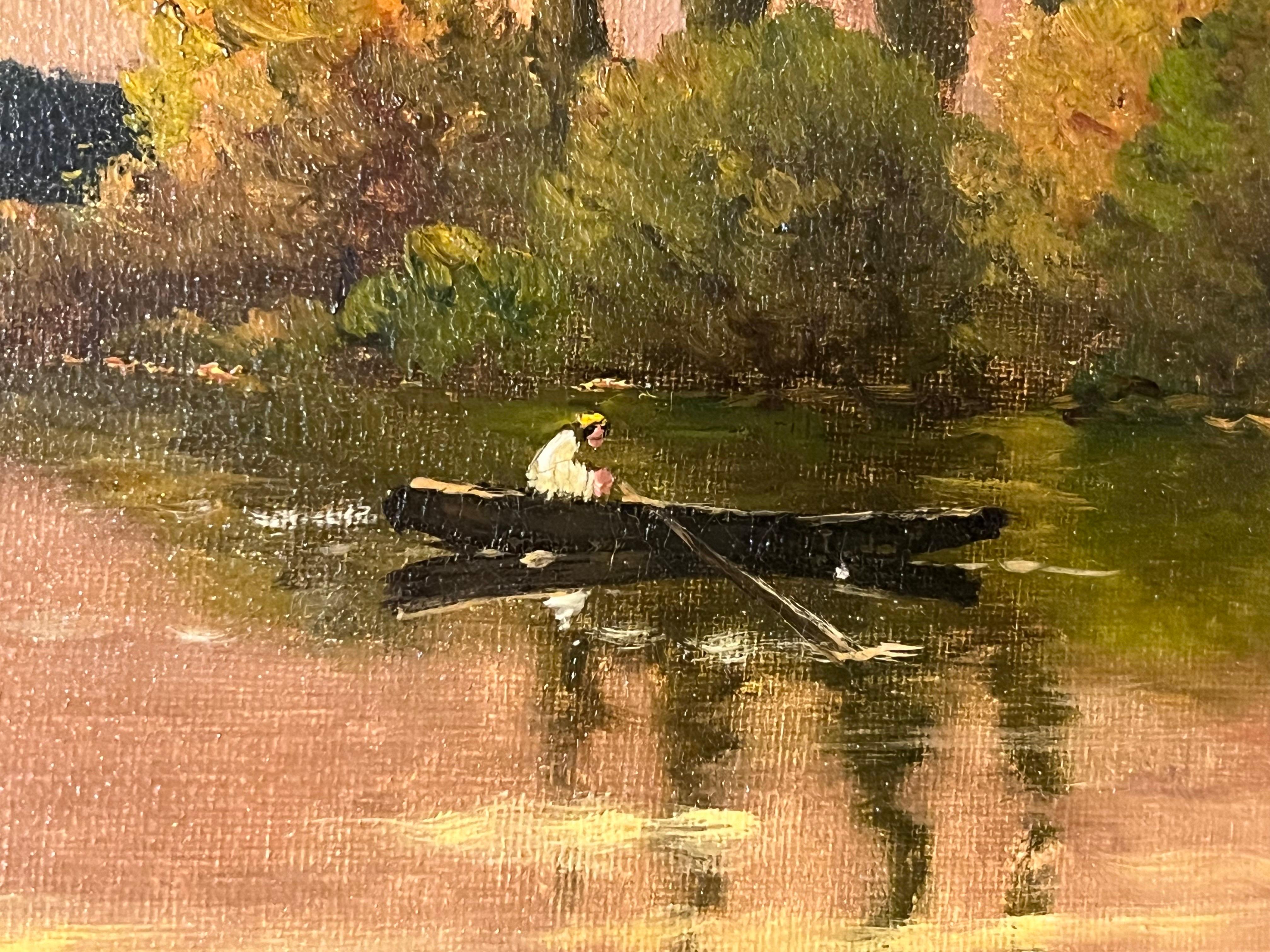 Peinture à l'huile de l'école de Barbizon, Coucher de soleil sur une rivière paysage impressionniste en vente 1