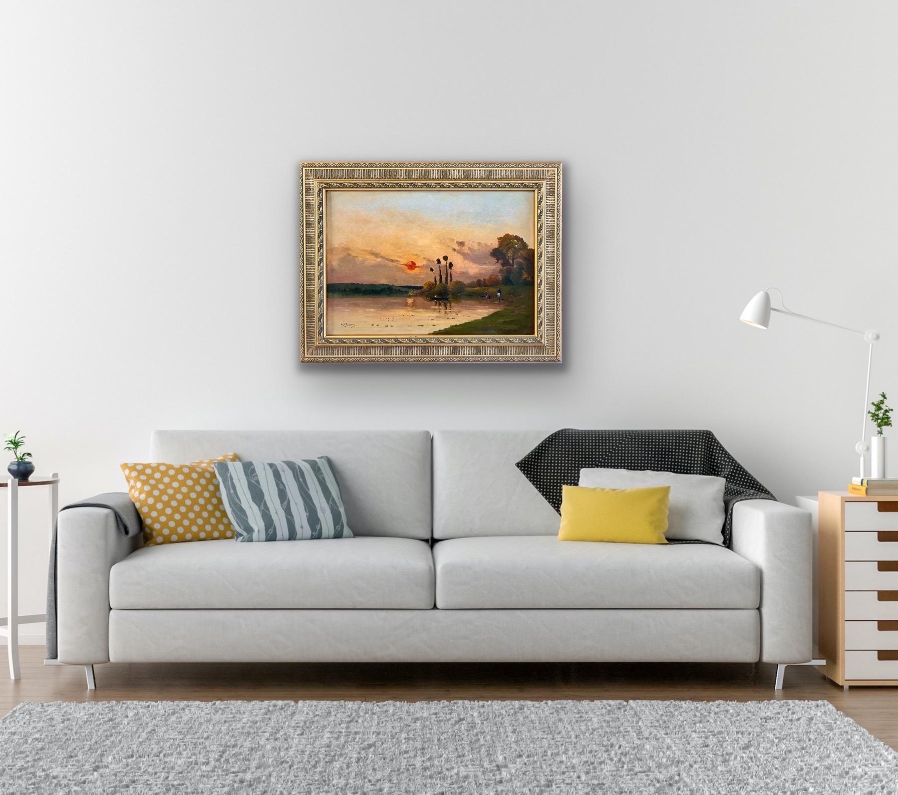 Peinture à l'huile de l'école de Barbizon, Coucher de soleil sur une rivière paysage impressionniste en vente 4