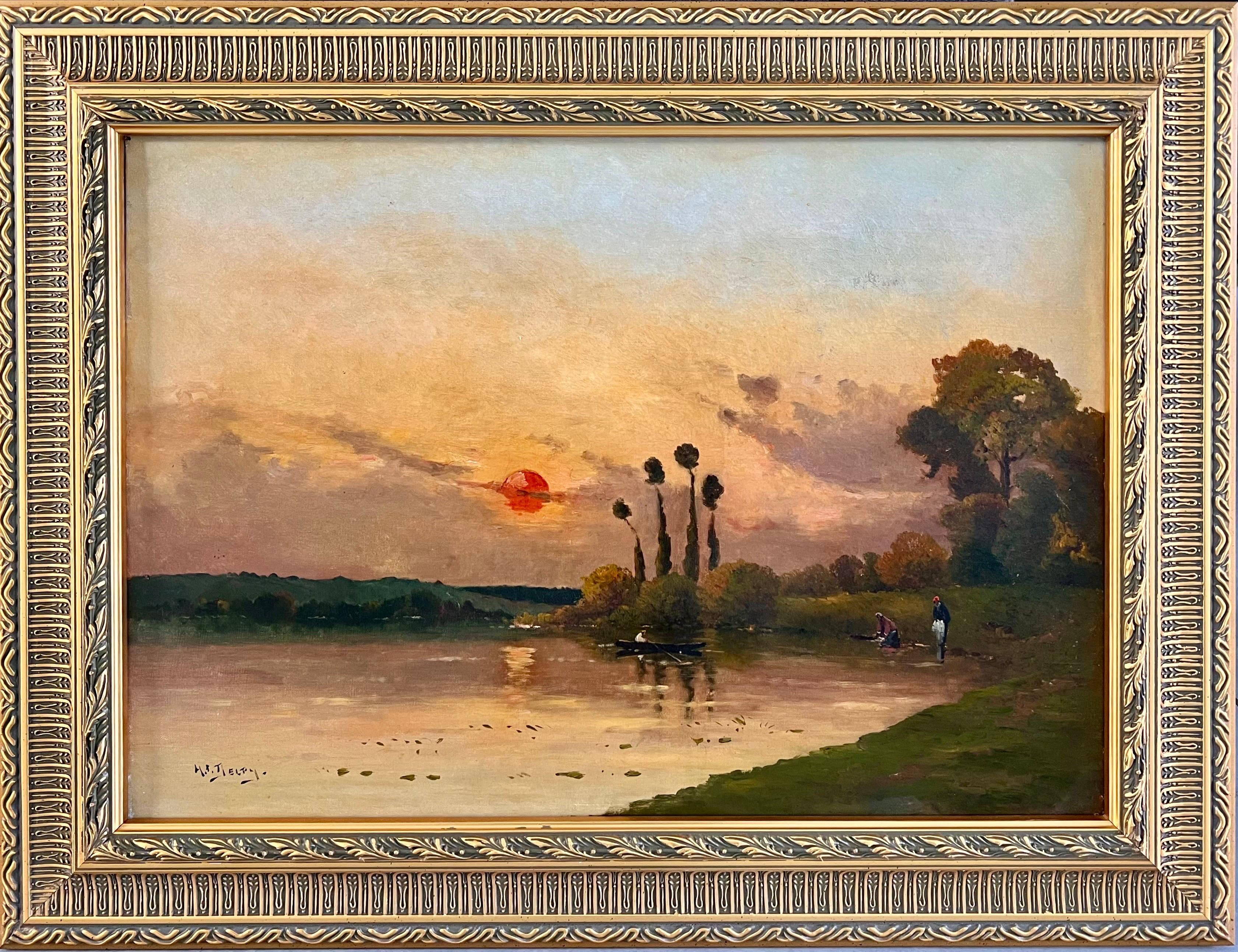 Peinture à l'huile de l'école de Barbizon, Coucher de soleil sur une rivière paysage impressionniste