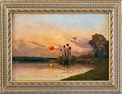 French Barbizon School oil painting, Sunset over a river landscape impressionist