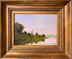 Antique Petite French Barbizon School painting River landscape by sunset - impressionist