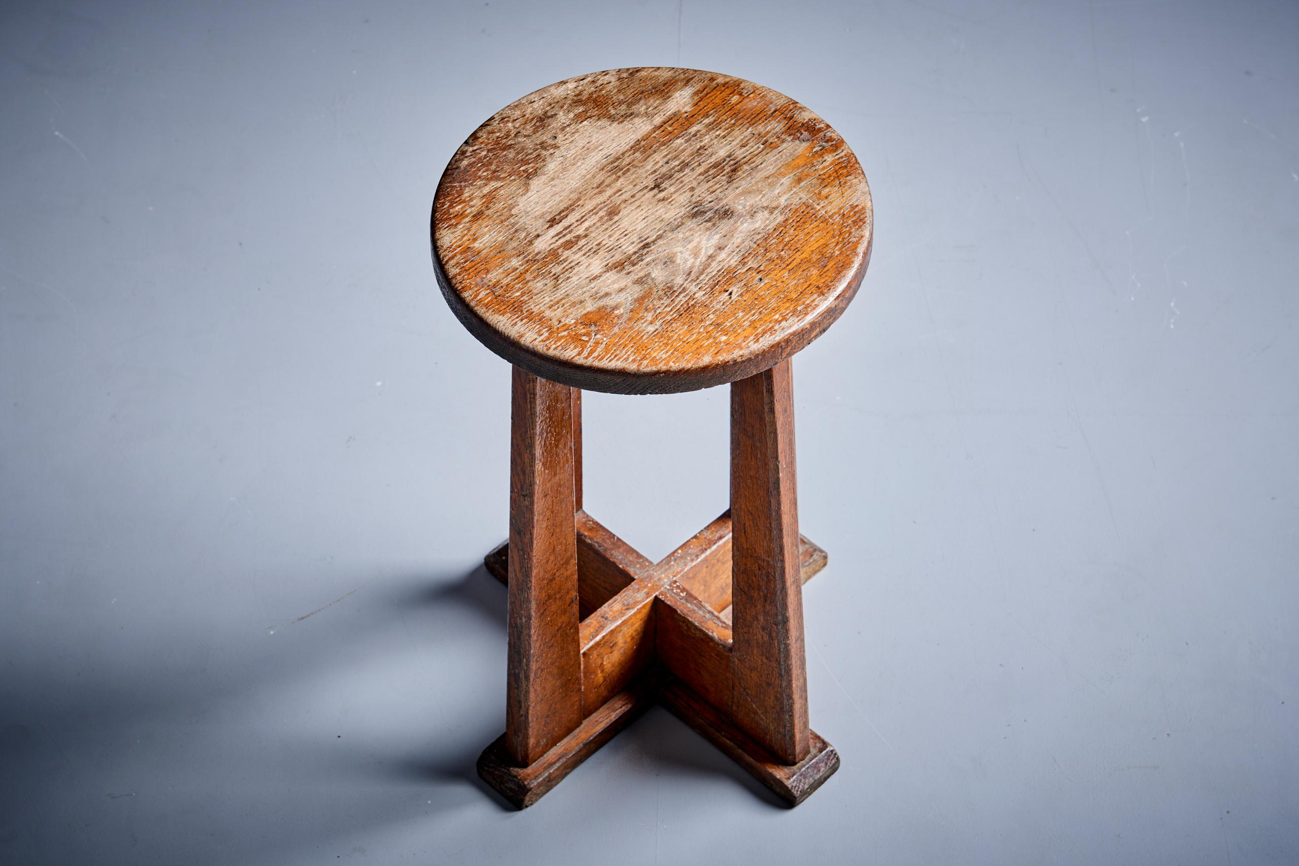 Henry Jacques Le Même Oak Stool, France - 1940s in fair original condition.
