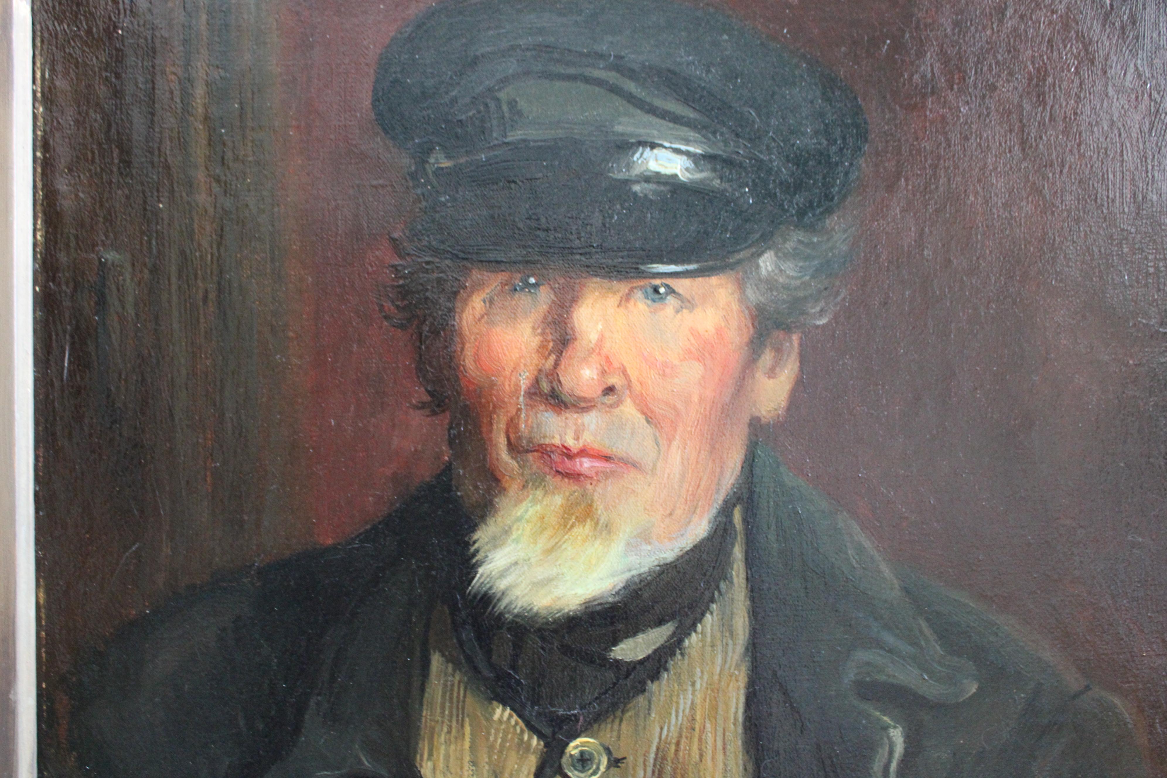 Antique Sailor Man portrait oil painting French portrait of a male with a beard - Painting by Henry Jacquier