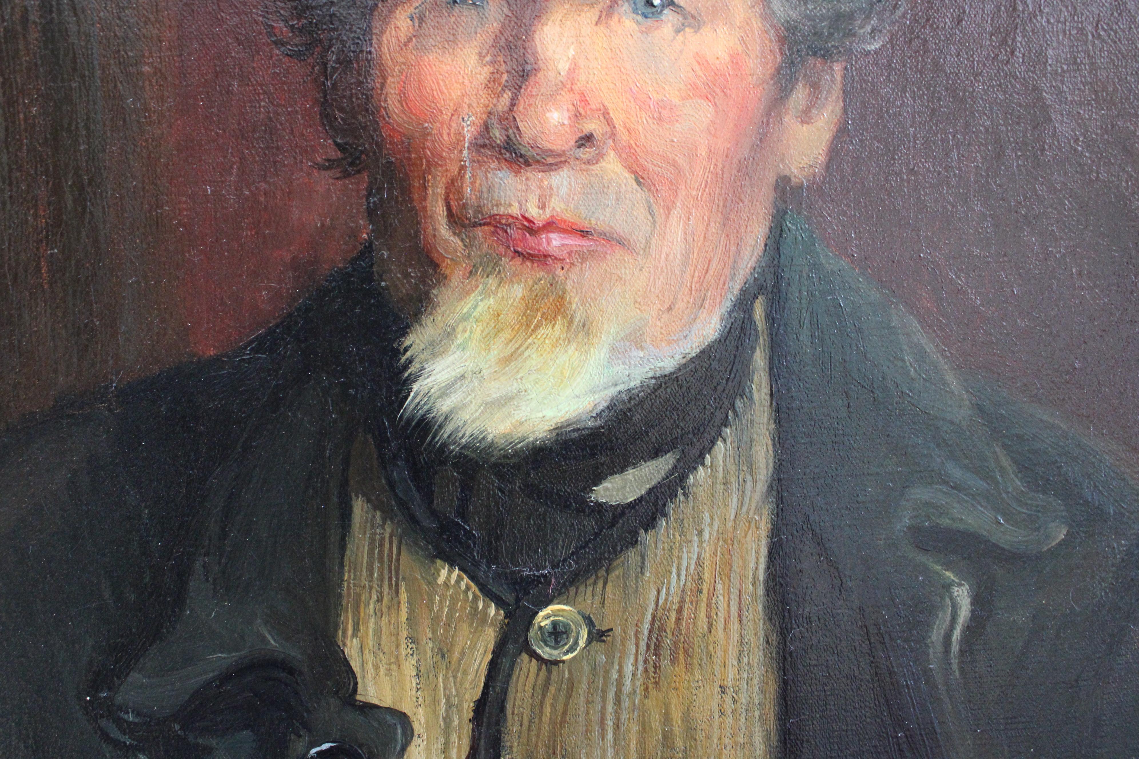 An amazing antique portrait of a mariner.  This is an atmospheric old original oil painting on canvas in its original gold frame.  The artist is Henry Jacquier and his signature is in the top left of the painting.  The frame carries a small plaque