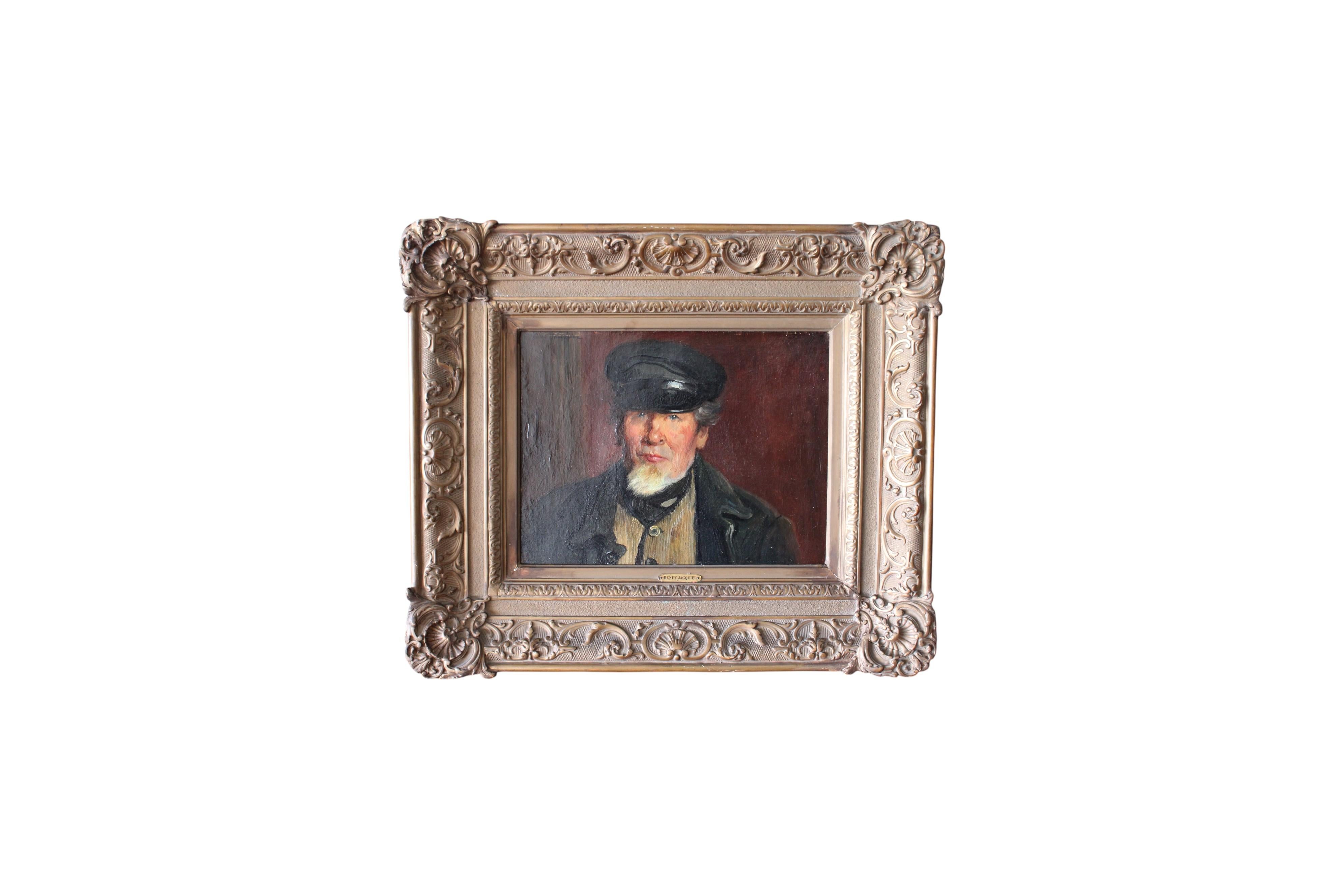 Henry Jacquier Portrait Painting - Antique Sailor Man portrait oil painting French portrait of a male with a beard