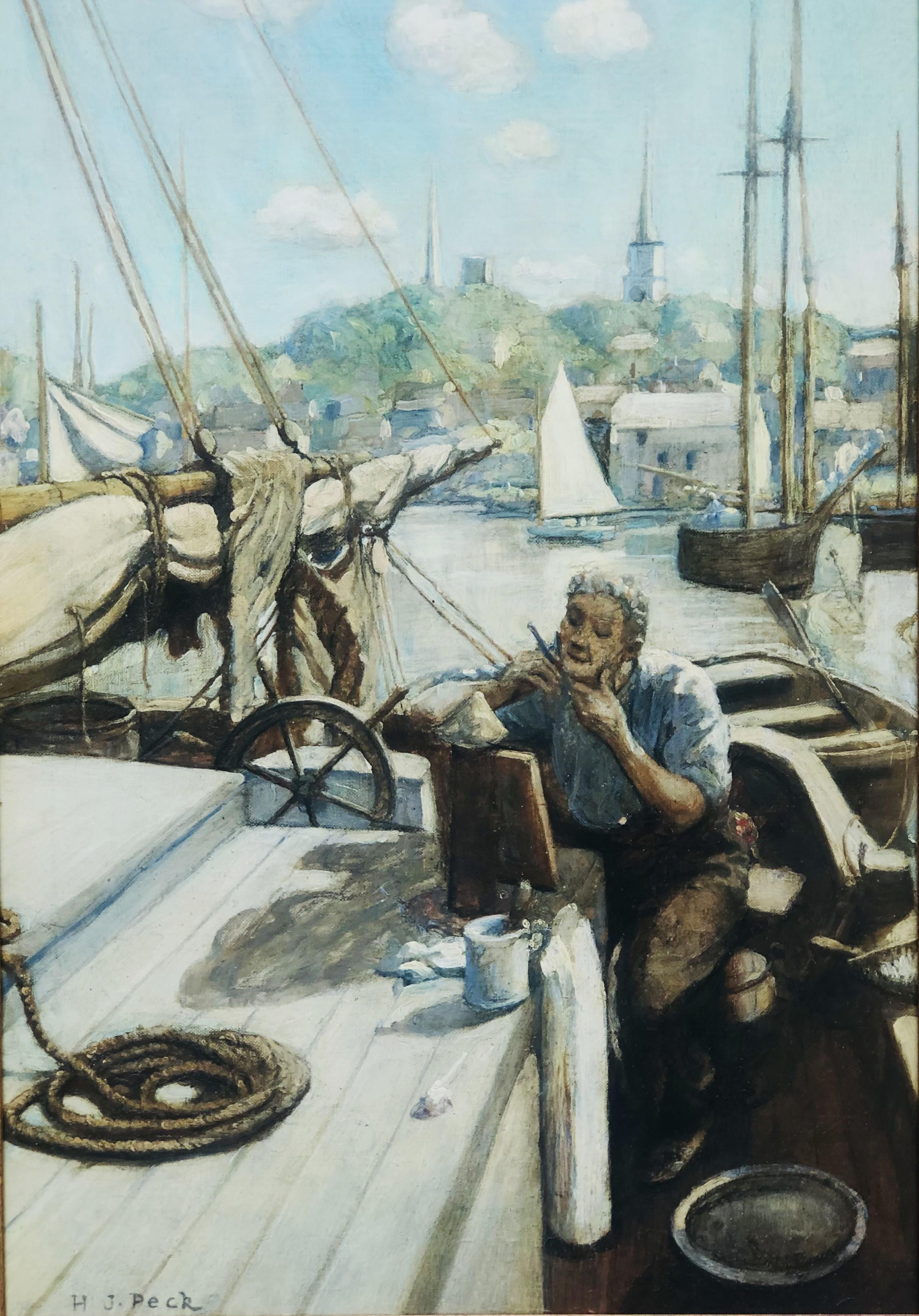 Gloucester P-Town Pyle School Painting  Henry J Peck - Portugese Fisherman - Beige Figurative Painting by Henry Jarvis Peck