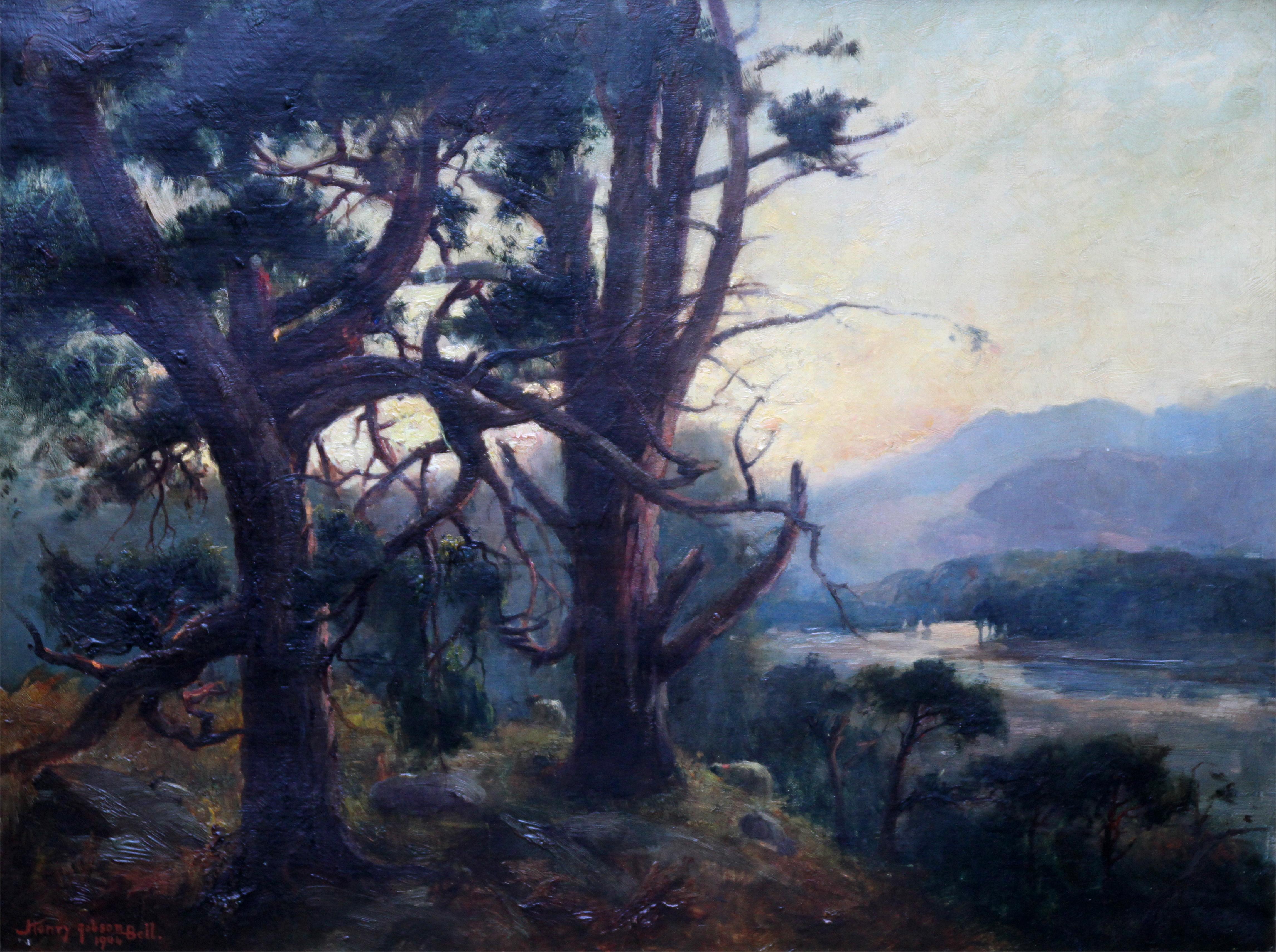 Looking Down From the Woods at Sunset - Scottish Edwardian art oil landscape  - Painting by Henry Jobson Bell