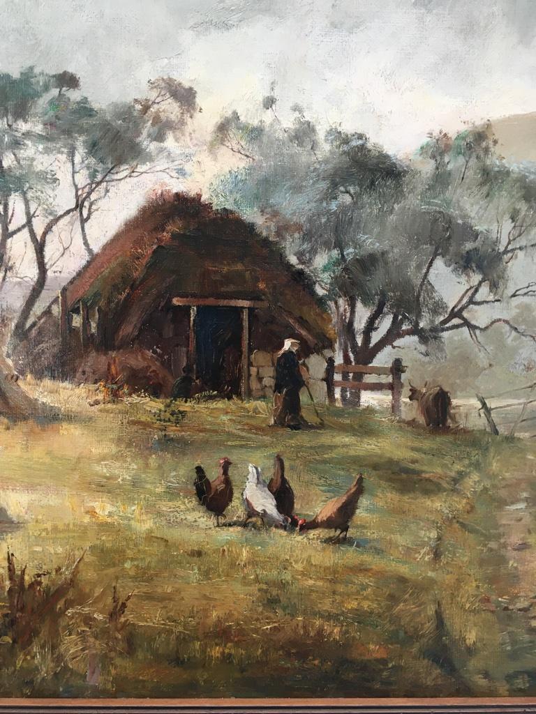 A charming and beautifully executed Scottish impressionist work by Henry Jobson Bell (1864-1926). 

A Highland scene of a crofter's cottage with old lady farmer and chickens in the yard. Small oat hay stooks lay about the yard. A longhorn steer