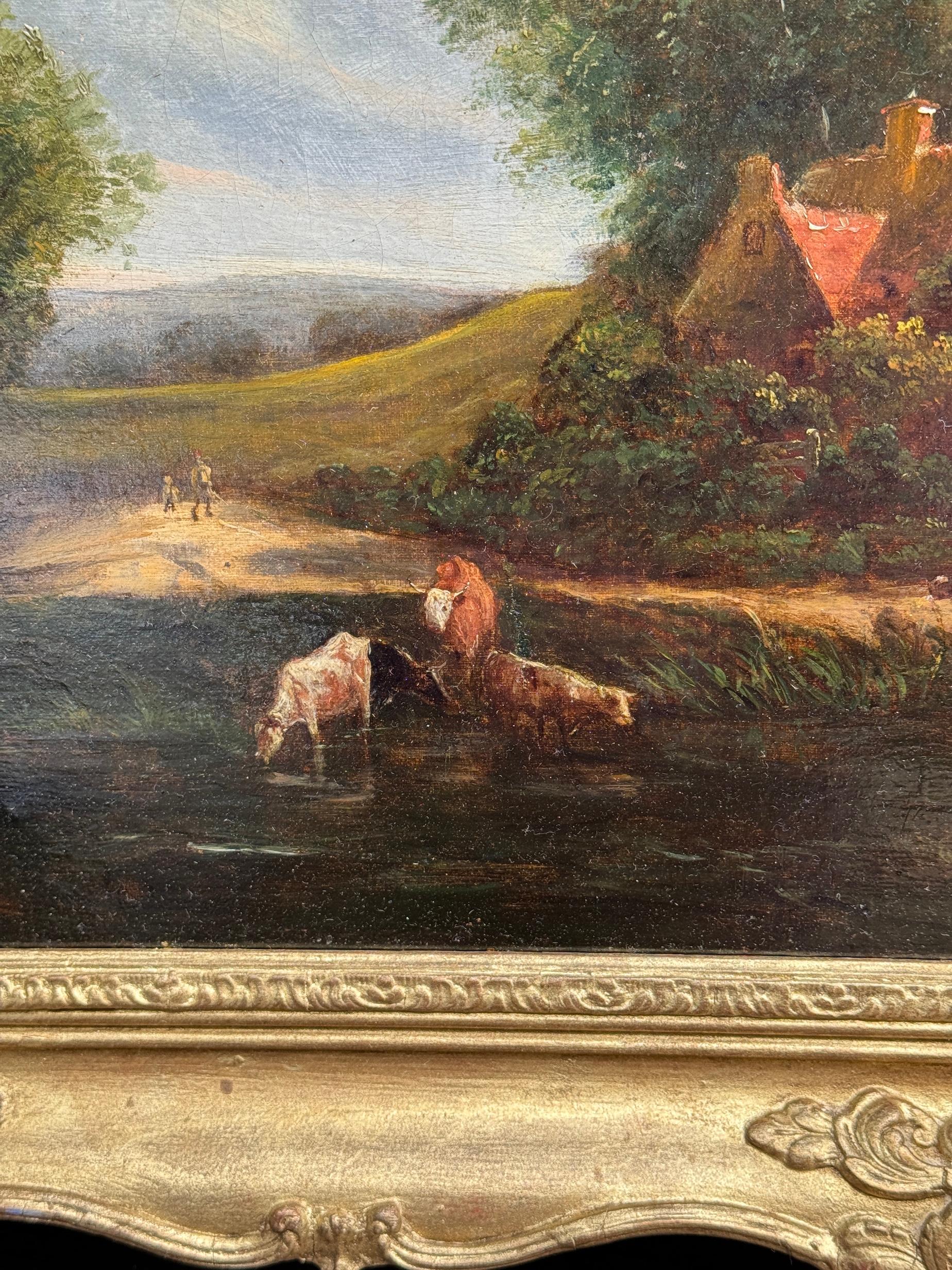 19th century English landscape with cottage, figures and cows by a stream - Painting by Henry John Boddington