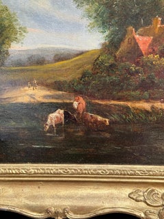 19th century English landscape with cottage, figures and cows by a stream