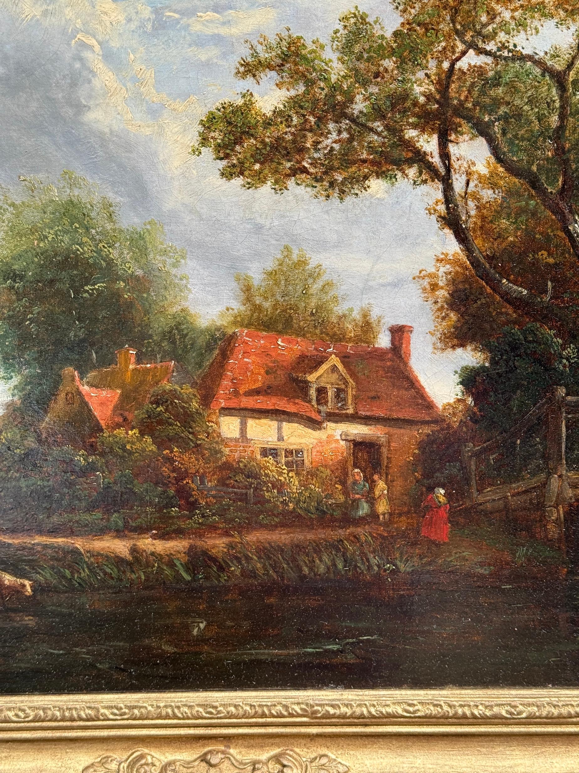 19th century English landscape with cottage, figures and cows by a stream - Victorian Painting by Henry John Boddington