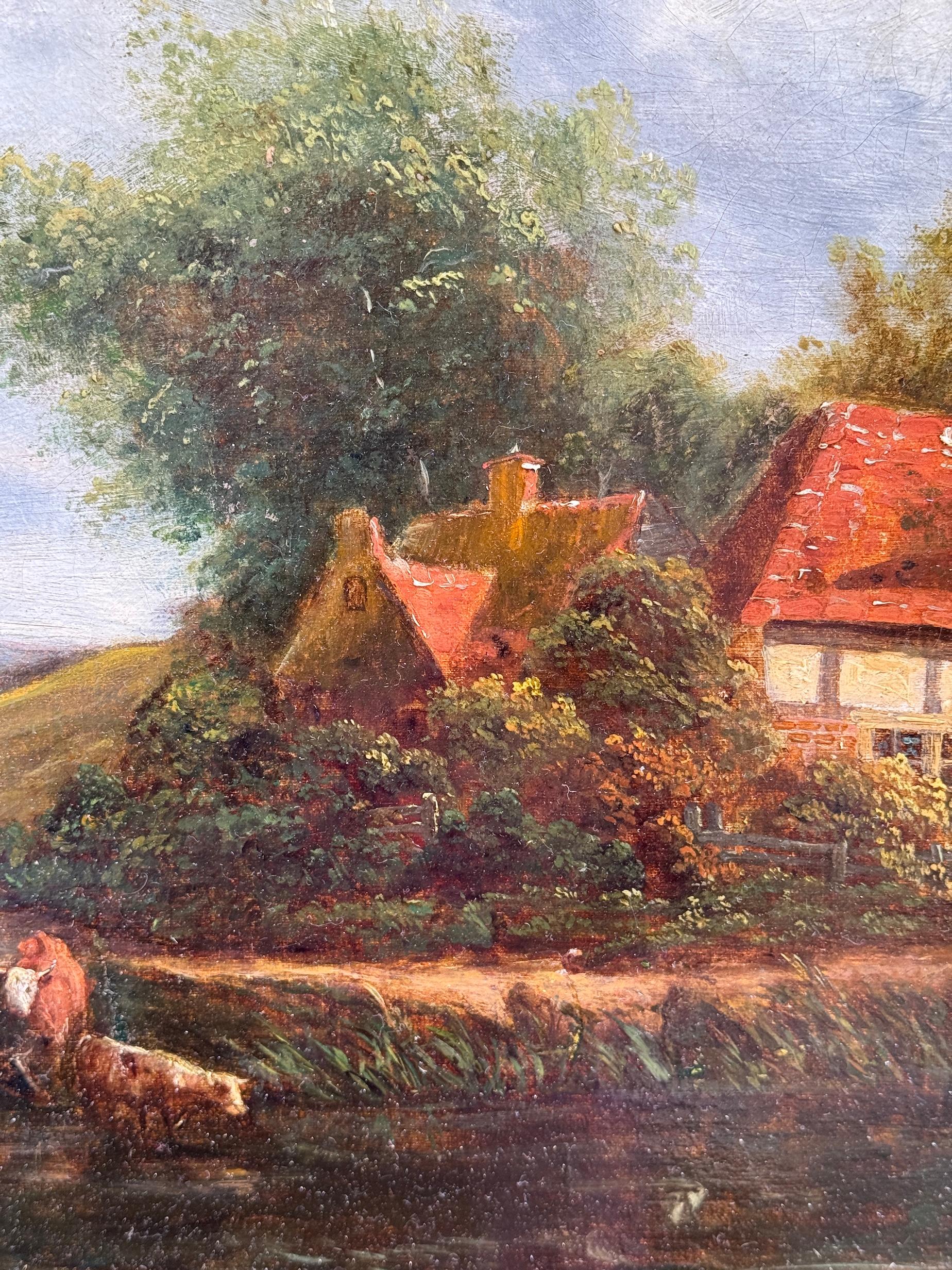 19th century English landscape with cottage, figures and cows by a stream - Beige Landscape Painting by Henry John Boddington