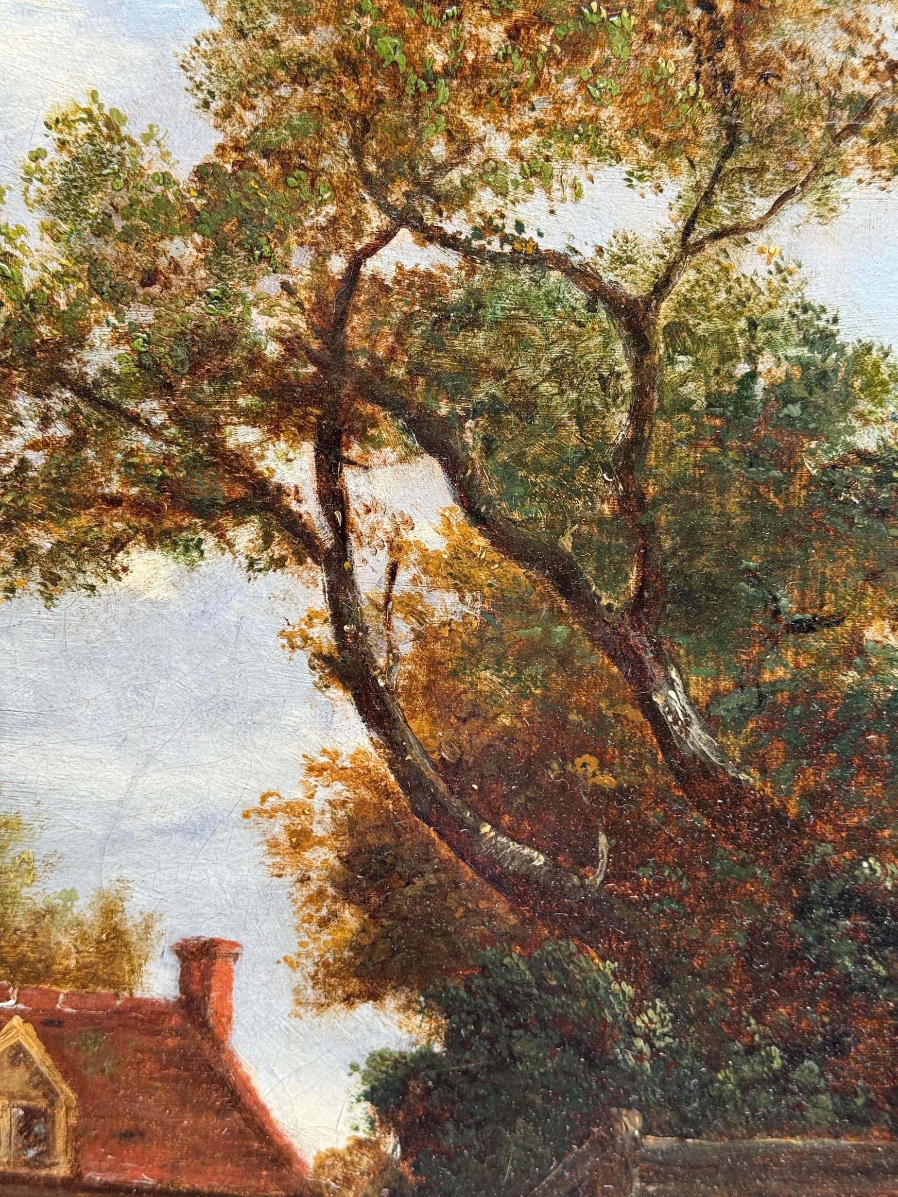 19th century English landscape with cottage, figures and cows by a stream For Sale 1