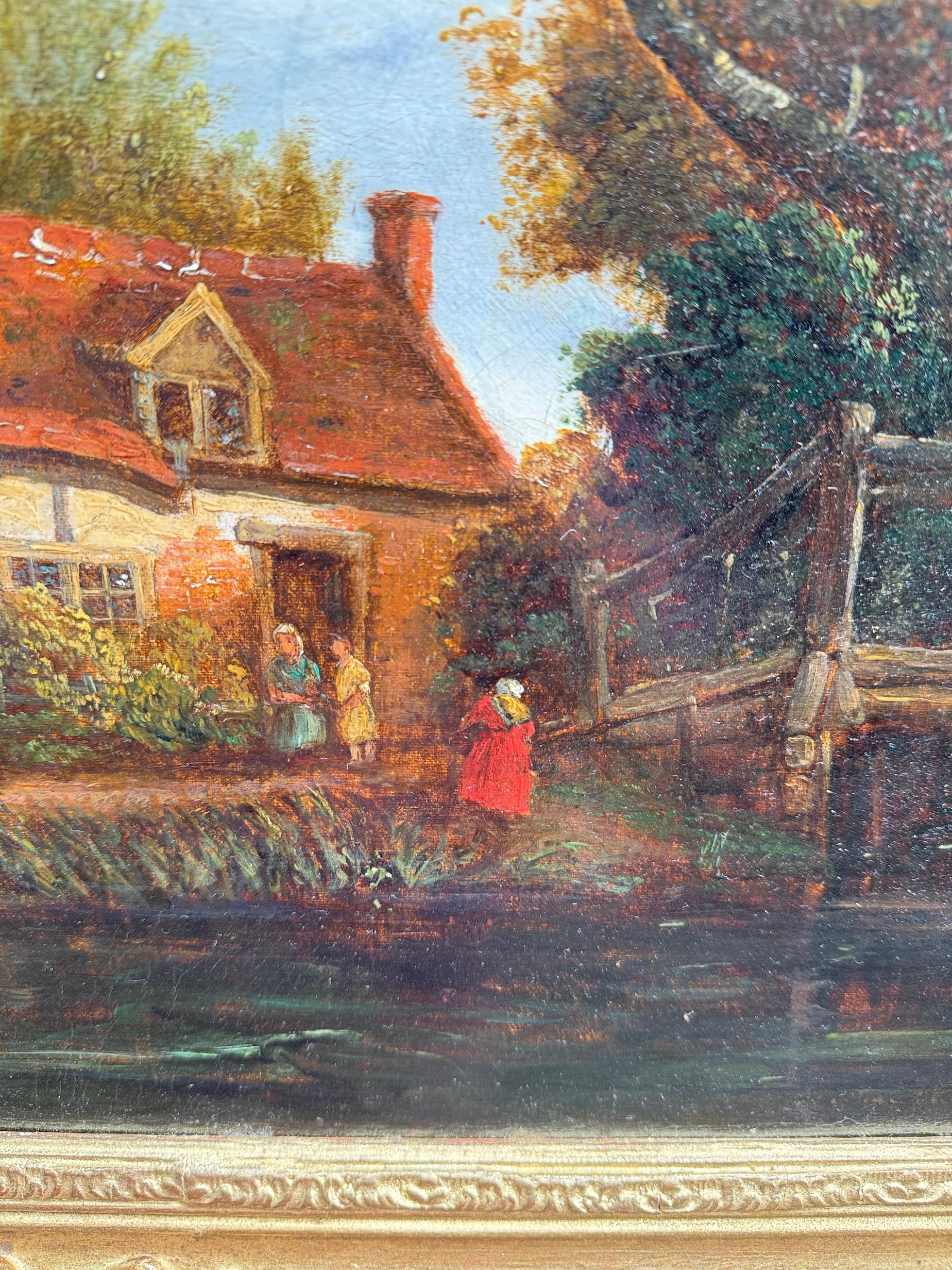 19th century English landscape with cottage, figures and cows by a stream For Sale 3