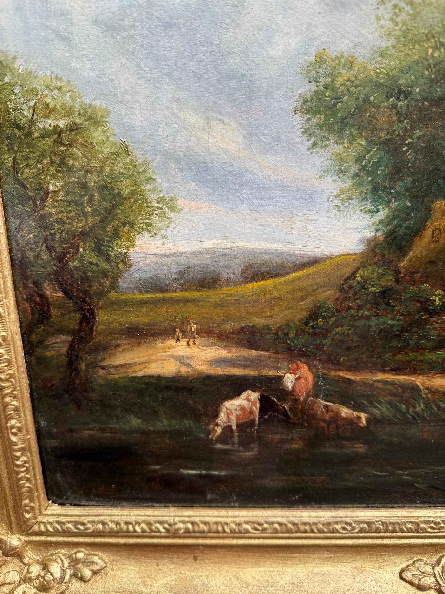 19th century English landscape with cottage, figures and cows by a stream For Sale 4