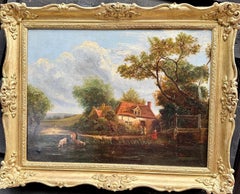 19th century English landscape with cottage, figures and cows by a stream