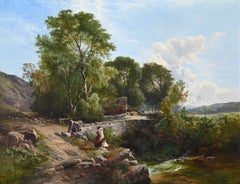 Paysage à l'huile victorien anglais du 19e siècle avec des personnages, un ruisseau et des arbres