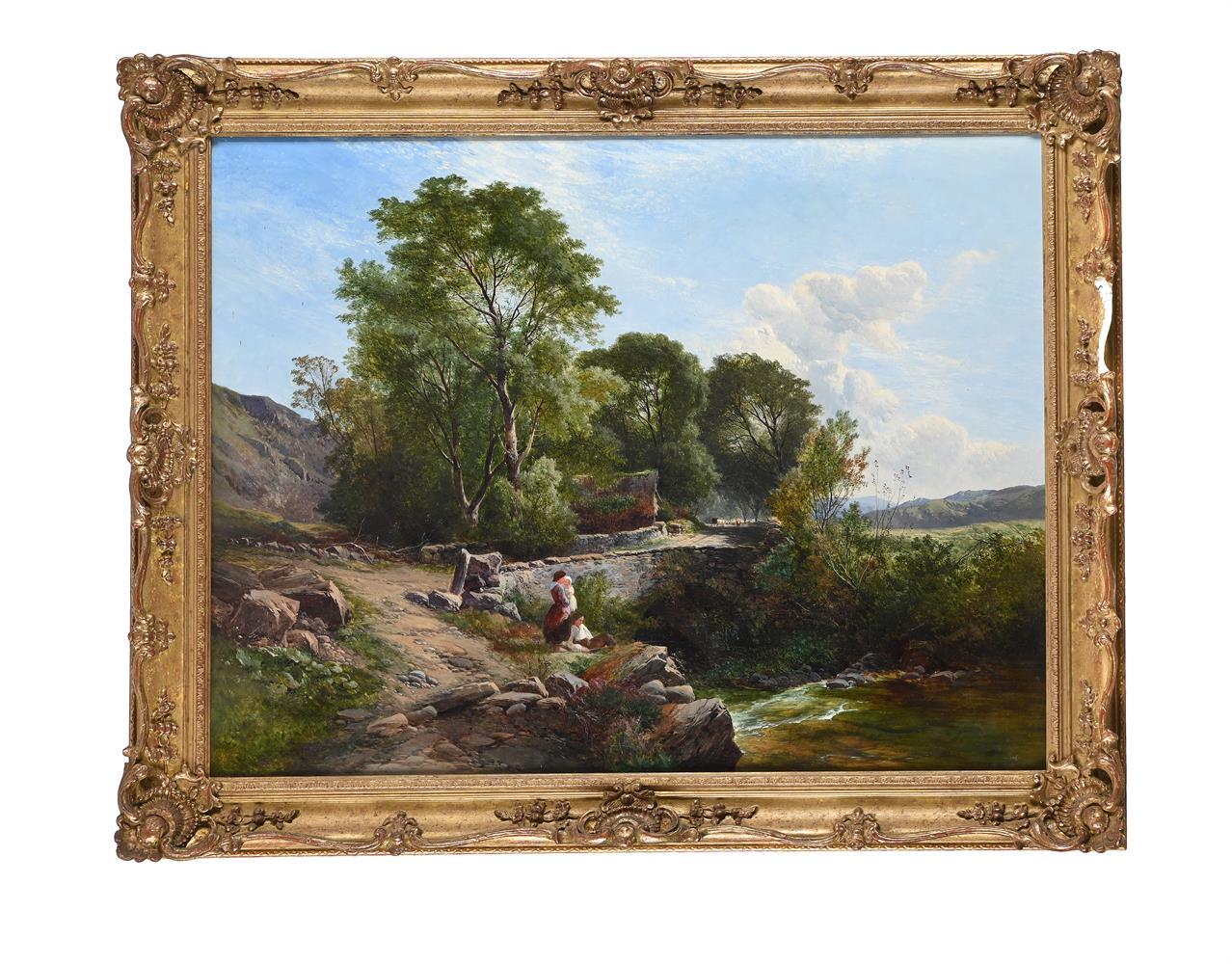 19th century English Victorian oil landscape with figures, a stream and trees