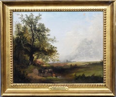 Antique English Bucolic Pastoral Landscape Oil Painting by Henry John Boddington