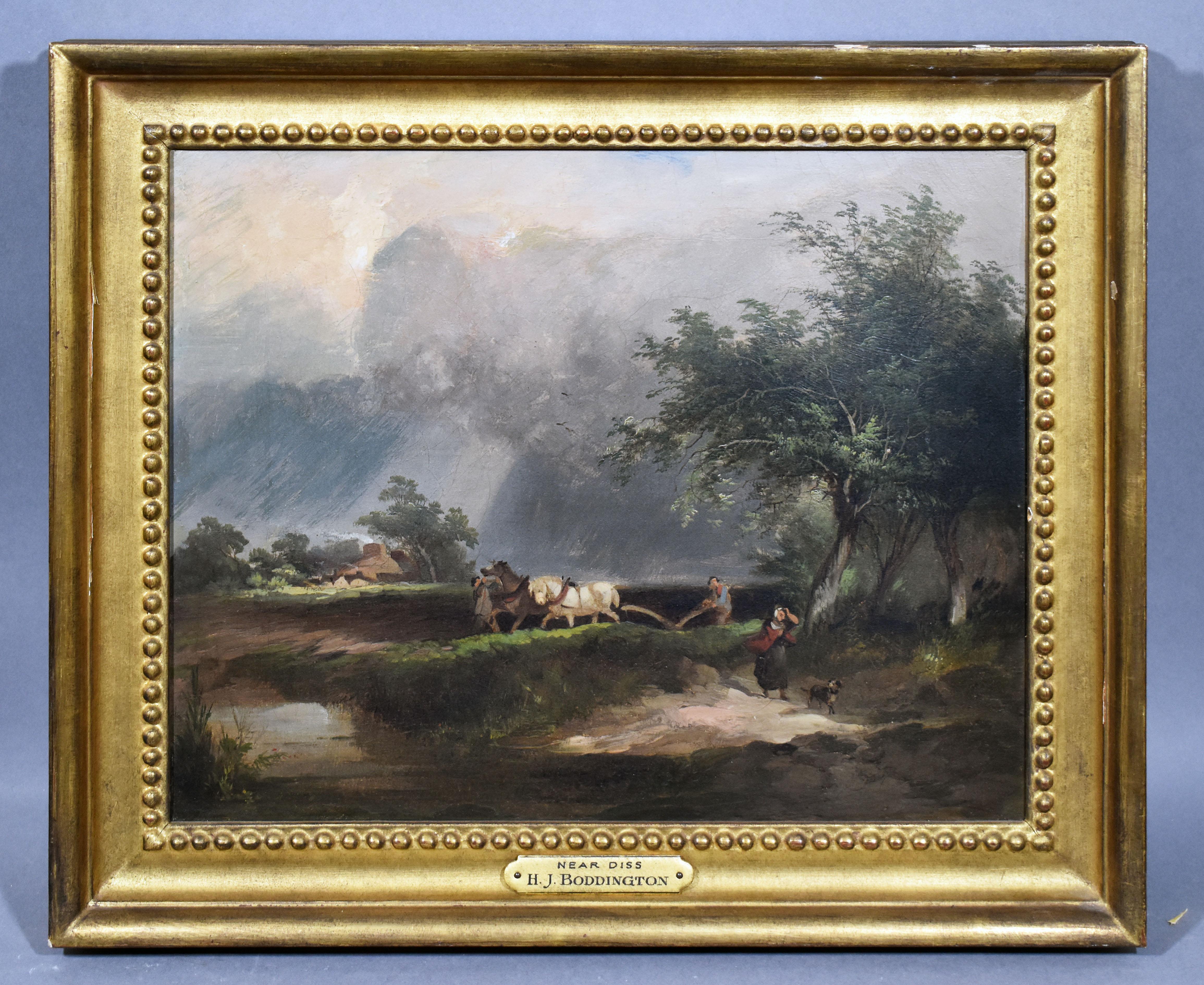 Antique english landscape painting by Henry John Boddington  (1811 - 1865).  Oil on canvas, circa 1850.  Unsigned.  Displayed in a giltwood frame.  Image size, 13