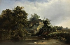 Paesaggio con mulino, olio originale su tela, stile vittoriano, metà del XIX secolo