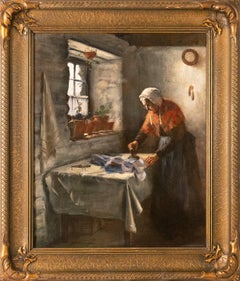 Antique Lady Ironing in Interior by Henry John Dobson