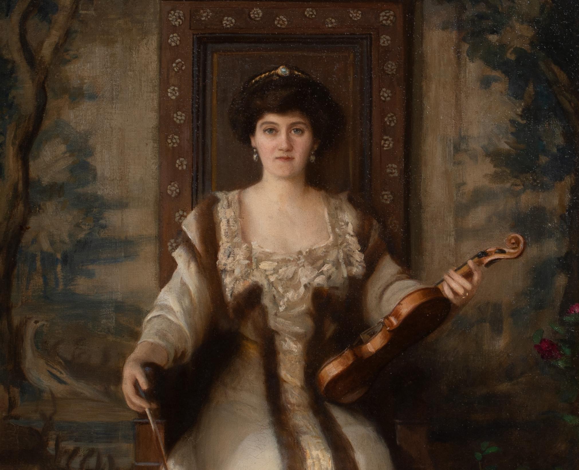 Portrait of Maud Ernestine (Rendel) Gladstone CBE (1865 - 1941), dated 1908 

by Henry John HUDSON (1881-1919) 

20th century portrait of Maud Ernestine (Rendel) Gladstone seated and holding a violin, oil on canvas by Henry John Hudson. Excellent