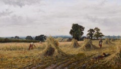 19th Century landscape oil painting of a harvest scene