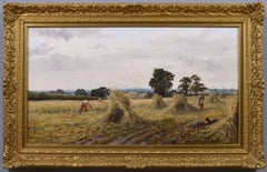 Antique 19th Century landscape oil painting of a harvest scene 