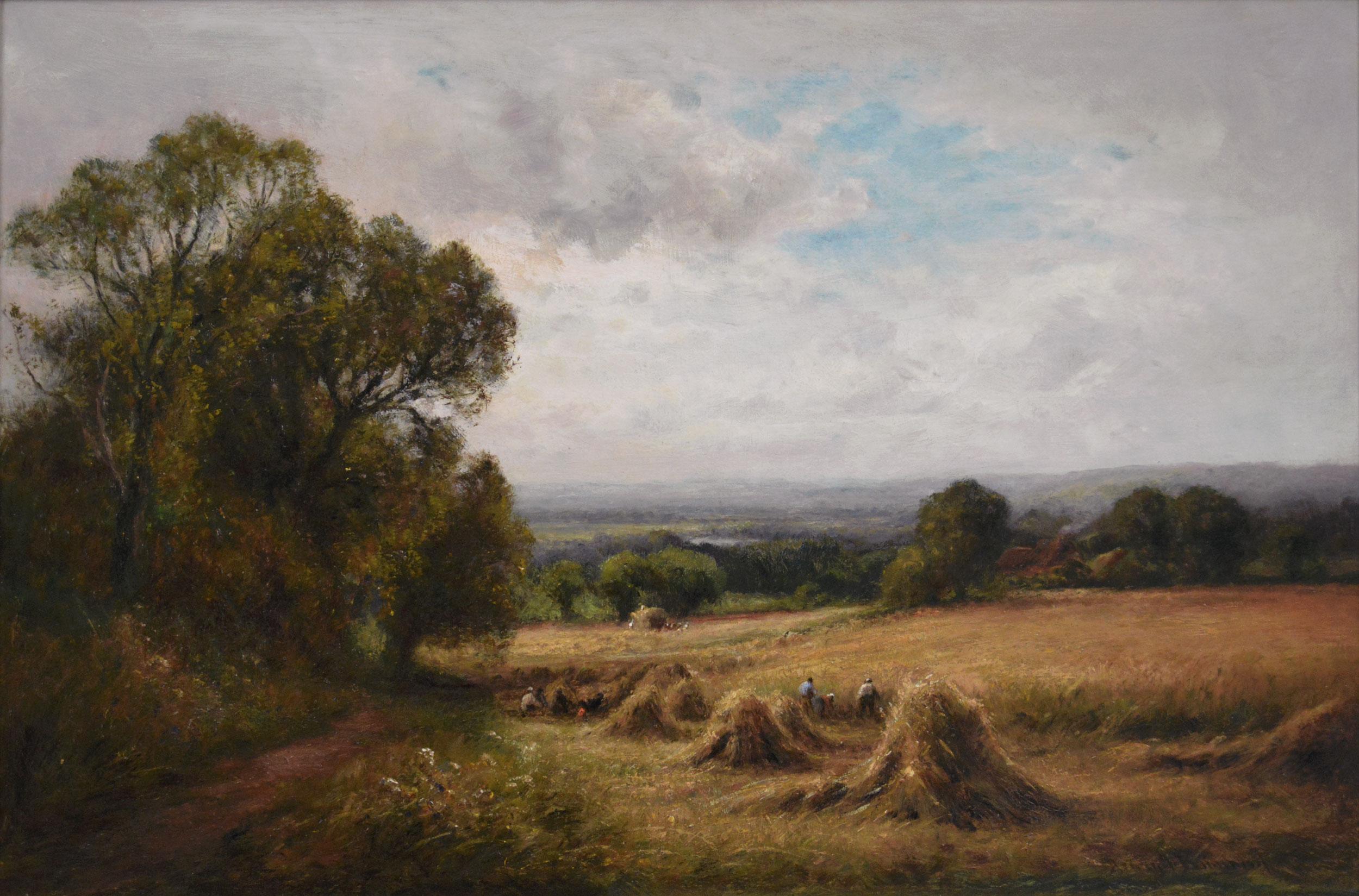 Pintura al óleo de un paisaje de Sussex del siglo XIX sobre una cosecha - Painting de Henry John Kinnaird