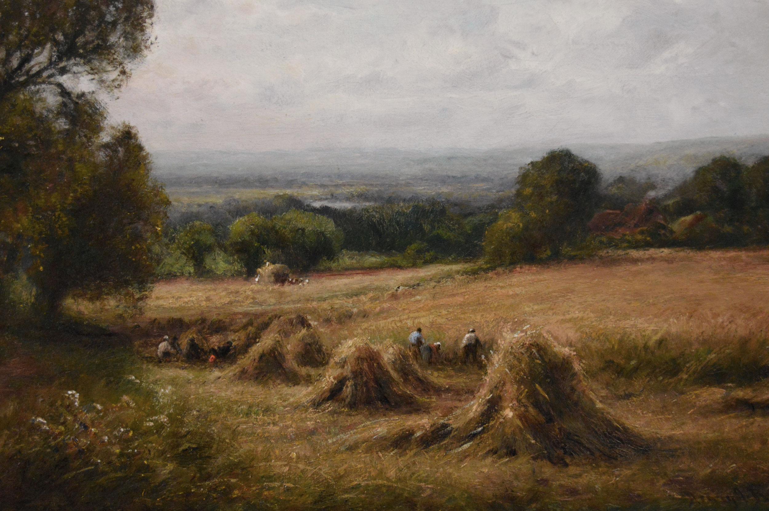 Pintura al óleo de un paisaje de Sussex del siglo XIX sobre una cosecha - Landscape Painting Marrón de Henry John Kinnaird