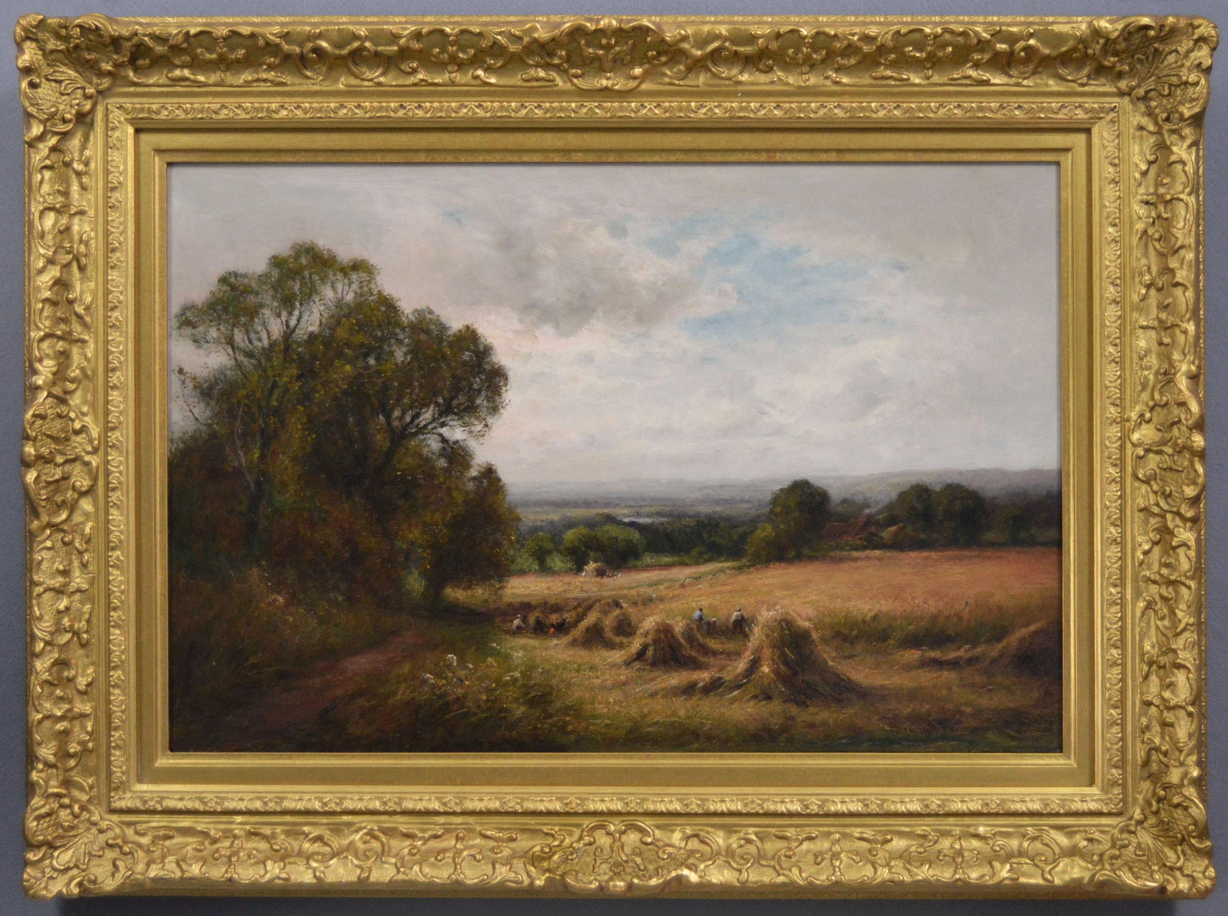 Landscape Painting de Henry John Kinnaird - Pintura al óleo de un paisaje de Sussex del siglo XIX sobre una cosecha