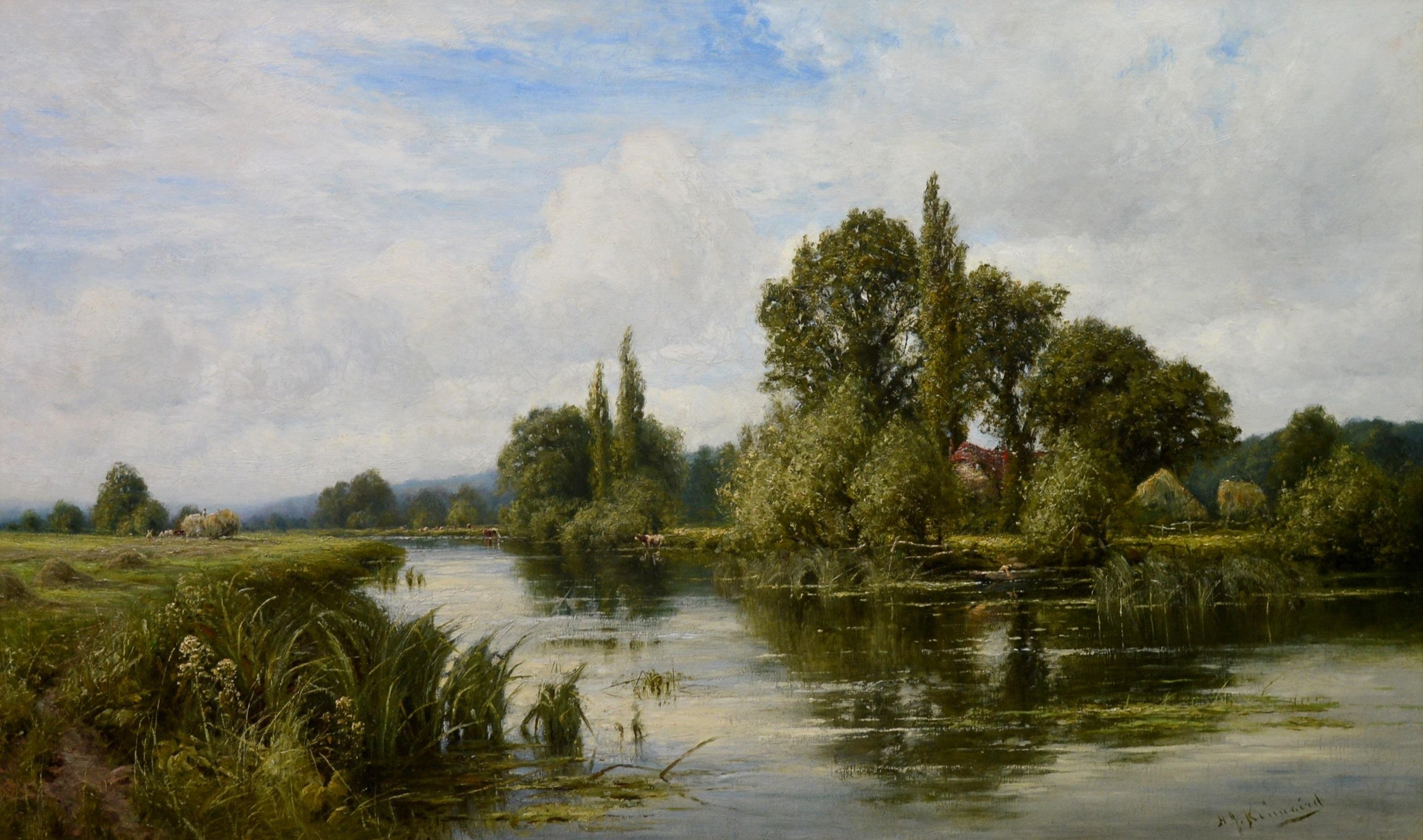 This is a very large fine 19th century oil on canvas depicting an extensive summer landscape featuring a single figure in a punt, a hay cart, and numerous cattle ‘On the Thames near Mapledurham’ by the eminent Royal Academy artist Henry John