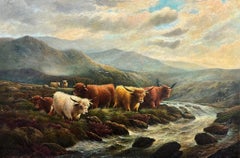 Large Victorian Oil Highland Cattle by Mountain River signed Scottish Landscape